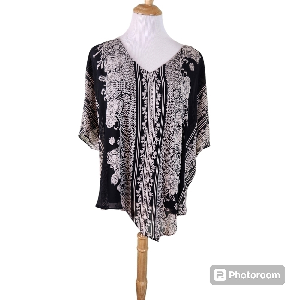 Roz & Ali Women's Black  & White Bohemian Tunic Top Size XL